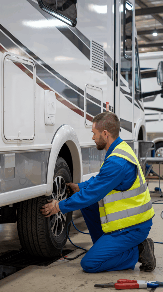 mechanic looking at your rv tires.
