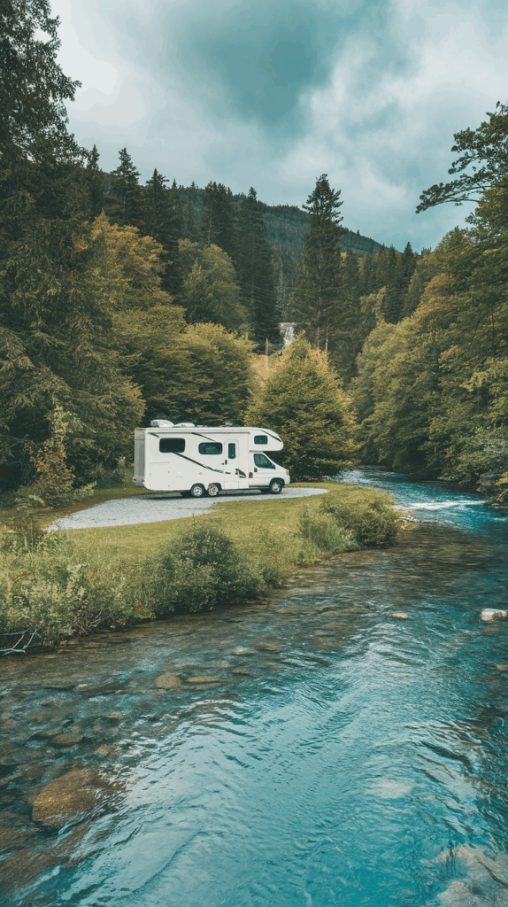 rv parked by the river for the night.